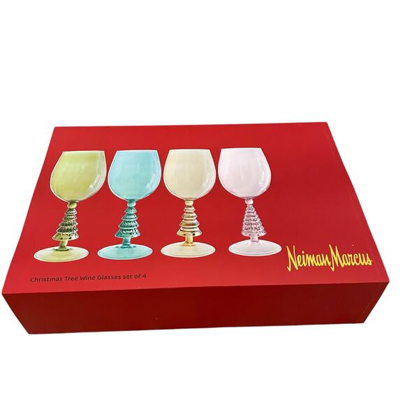 Neiman Marcus Multicolor Christmas Tree Wine Glass Set of 4 in Holiday Gift Box - Picture 5 of 9